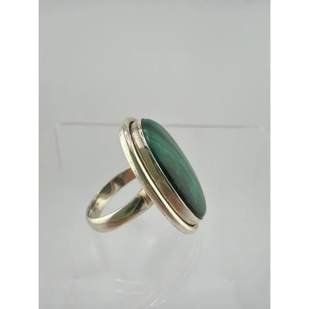 Large Oval Malachite 925 Sterling Silver Statement Ring Size 7